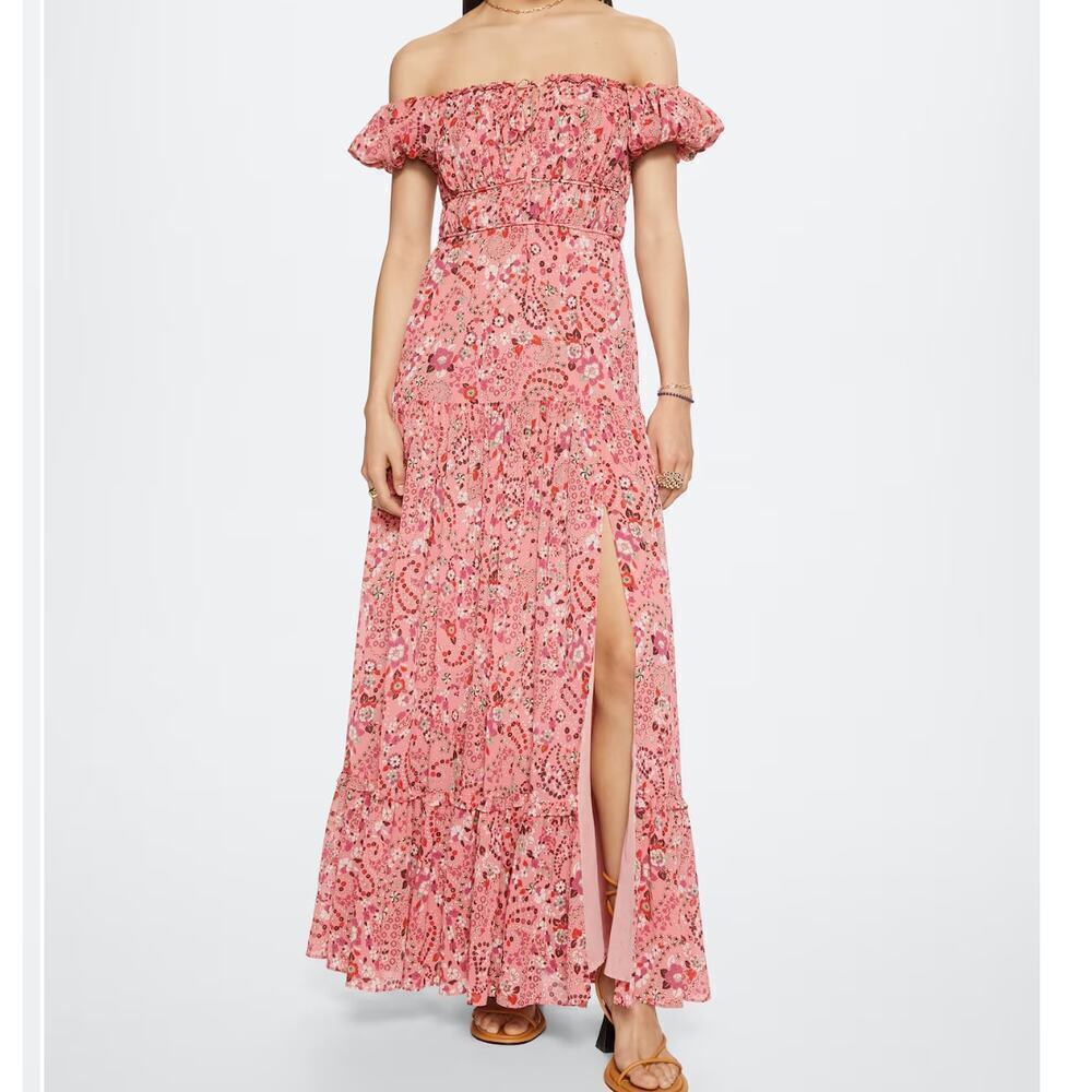 Mango Ruched off shoulder Floral Pink Boho Dress Slit Size 4